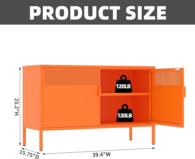 Orange Metal Storage Cabinet,2 Door TV Stand, Metal Mesh Accent Cabinet,Magnetic Door Closure,Low Storage Cabinets with Doors and Shelf for Home,Office,Living Room