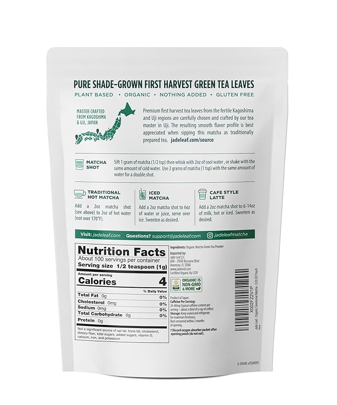 Jade Leaf Matcha Organic Premium Ceremonial Grade Matcha Green Tea Powder - Japanese - Culinary, Ingredient, Ceremonial Barista Teahouse, Latte, Collagen, 3.53 Ounce (Pack of 1), Ceremonial Teahouse Tin