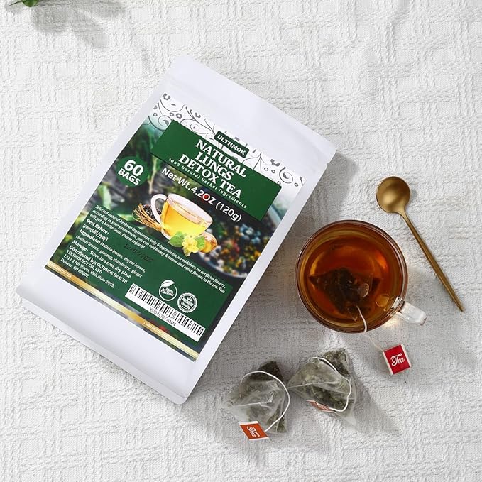 Premium 60 Natural Herbal Blend Tea Bags, Made with 6 Natural Herbs, Mullein Leaves, Elderberry, Thyme, Rooibos, Ginseng Root, Ginger Root, for Respiratory Support & Lung Health & Cleanse Mucus & Wellness & Detox.