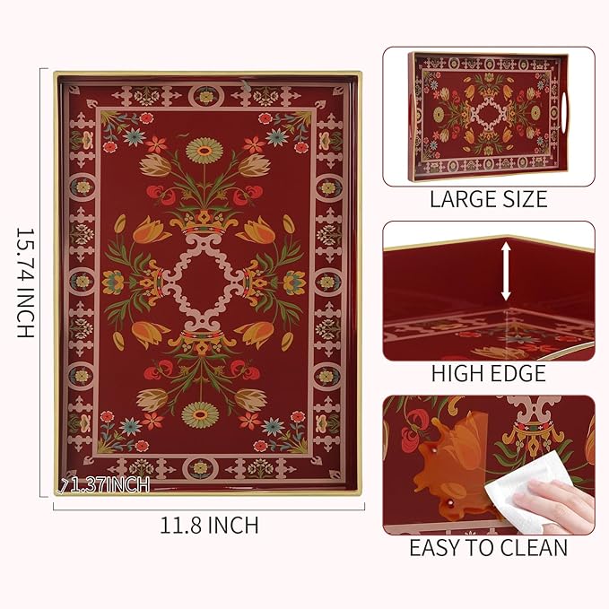 Boho Sturdy Acrylic Serving Tray with Handles,Rectangular Tray for Coffee Table,Food,Breakfast-Kitchen Countertop Tray,Ottoman Tray for Living Room,Plastic Decorative Tray (ART6, 30x40)