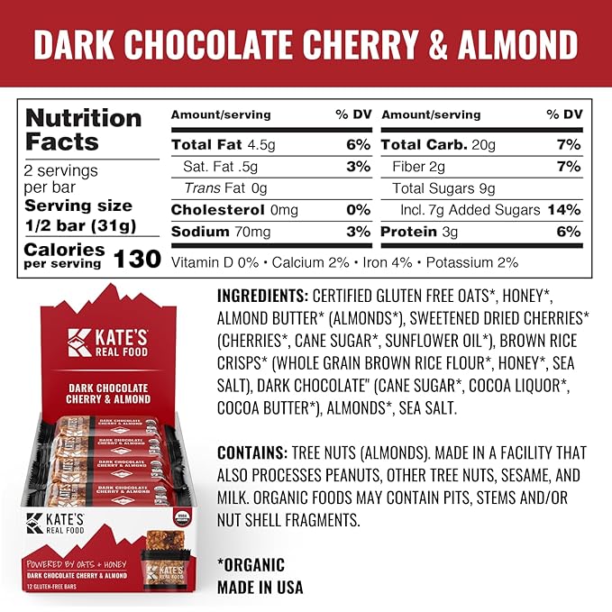 Kate’s Real Food Organic Granola Bars - Dark Chocolate Cherry & Almond (2.2 oz, Pack of 12) - Organic Energy Bars Made with Gluten Free Oats - Non GMO, Soy Free, Whole Grains, and All Natural - Healthy Snacks