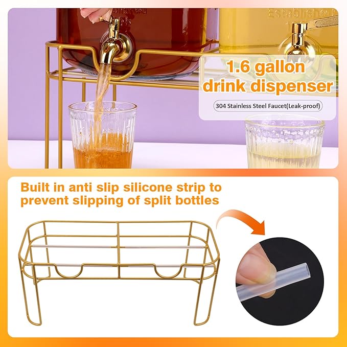 1.6 gallon Glass Beverage Dispenser with Stand, 2PACK Lemonade Dispenser with Spigot Stainless Steel, Drink Dispensers for Parties,Picnic,Weddings(Golden)