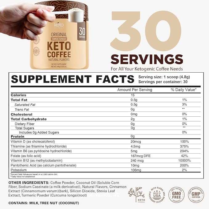 Keto Vitals Instant Keto Coffee Powder - 30 Servings - Low-Calorie Original Sweetened Coffee with Keto-Friendly Creamer