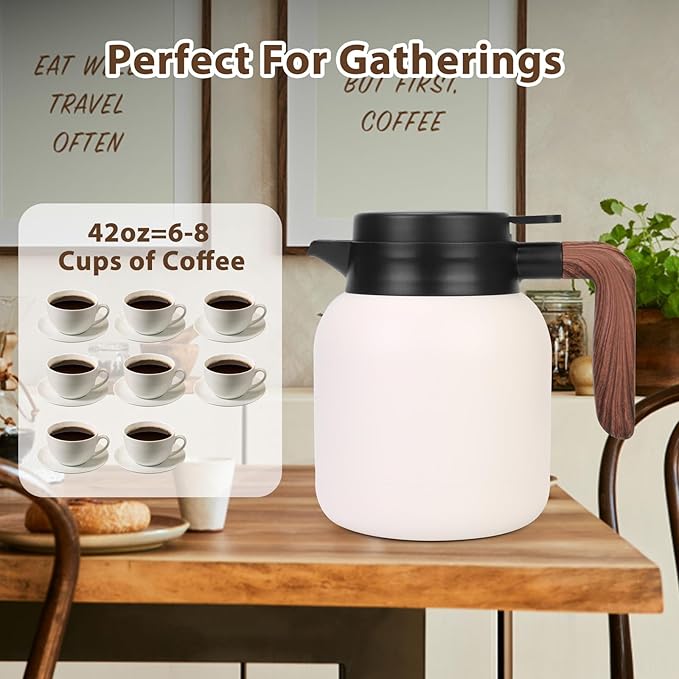 42oz Thermal Coffee Carafe,Insulated Thermal Pitcher,Stainless Steel Coffee Carafes For Keeping Hot/Cold Beverage Water Drink Tea Coffee Dispenser,White