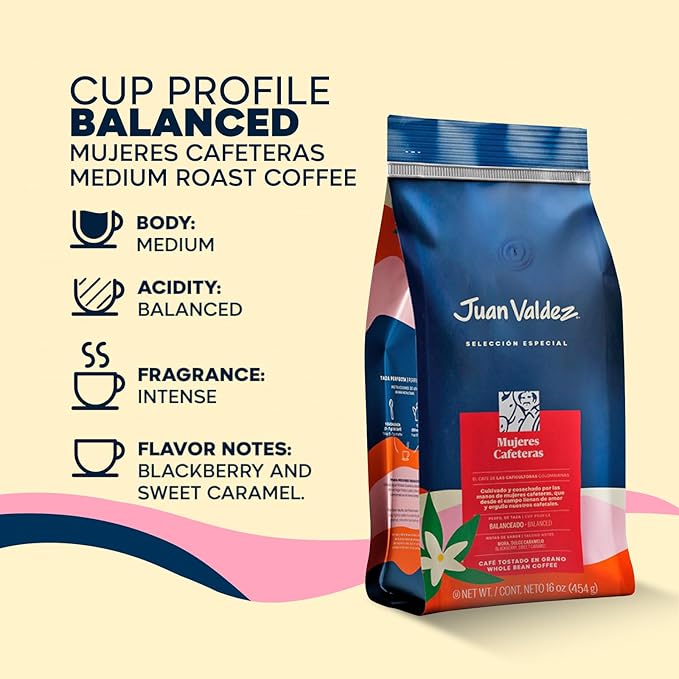 Juan Valdez Mujeres Cafeteras Whole Bean Coffee - Medium Roast Coffee Beans | 100% Colombian Coffee | 16 oz / 454 gr | A balanced coffee with flashes of sweet vanilla, cherry, blackberry and caramel notes