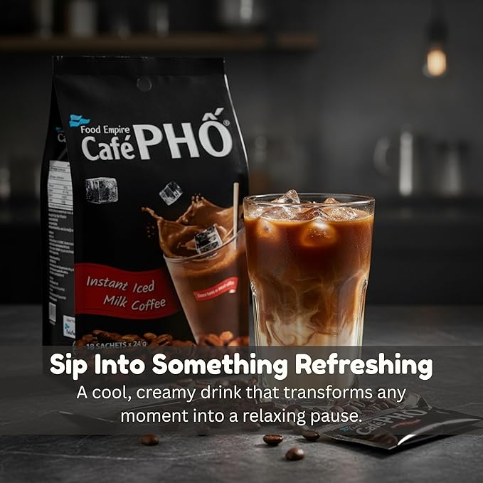 Cafe Pho Vietnamese 3in1 Instant Coffee Mix, Iced Milk Coffee, Cafe Sua Da, Single Serve Coffee Packets, Bag of 18 Sachets, Pack of 1-15 Months Shelf Life