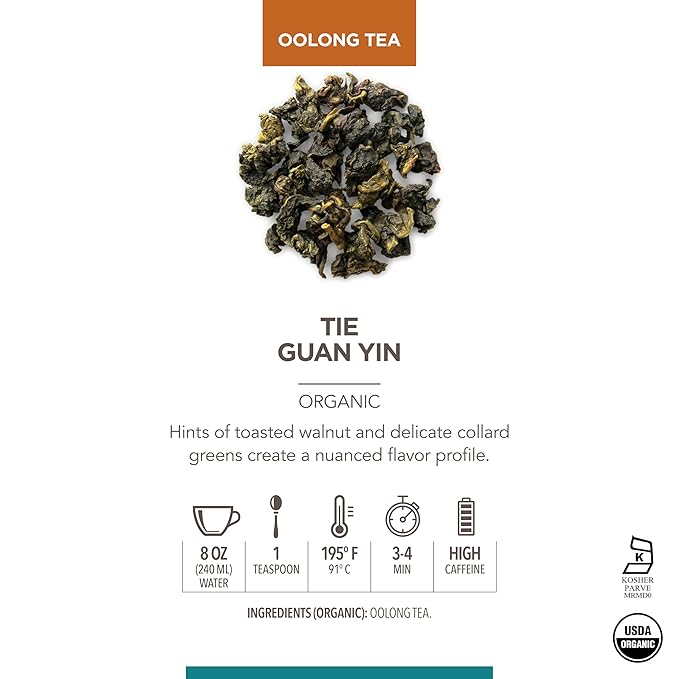 Teabloom Organic Tie Guan Yin Oolong Loose Leaf Tea, Rolled Leaves From High-Elevation Mountains, USDA Organic, Toasted Walnut and Sweet Orchid Notes, 3.88 oz/110 g Canister Makes 35-50 Cups