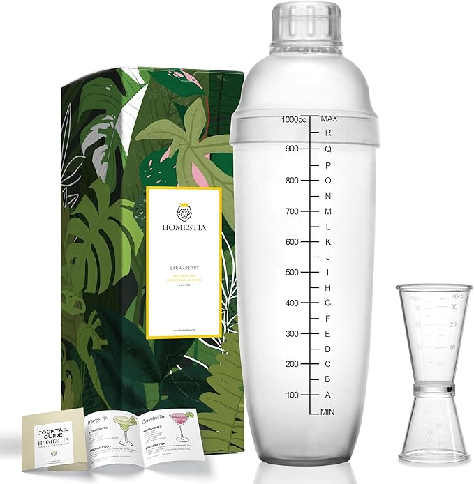 Homestia 2Pcs Plastic Cocktail Shaker with Double Jigger Set, 33oz/1000cc Clear Plastic Bottle Boba Tea Shaker Cup with Scales, Transparent Hand Drink Mixer Cocktail Measuring Cup for Bar Tools