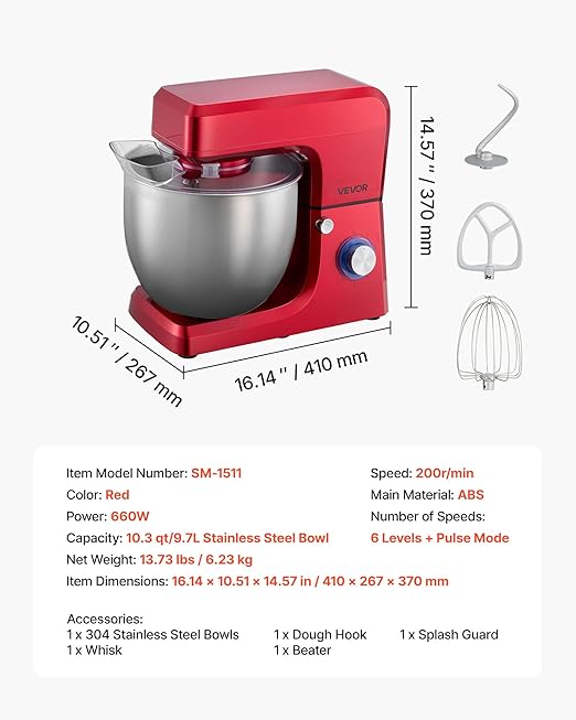 VEVOR Stand Mixer, 10.3 QT Electric Kitchen Mixer, 660W Dough-Mixer, 6 + Pulse Speeds Tilt-head Food-Mixer with Stainless Steel Bowl, Dough Hook, Whisk, Beater, for Baking, Mixing, Whipping & Kneading