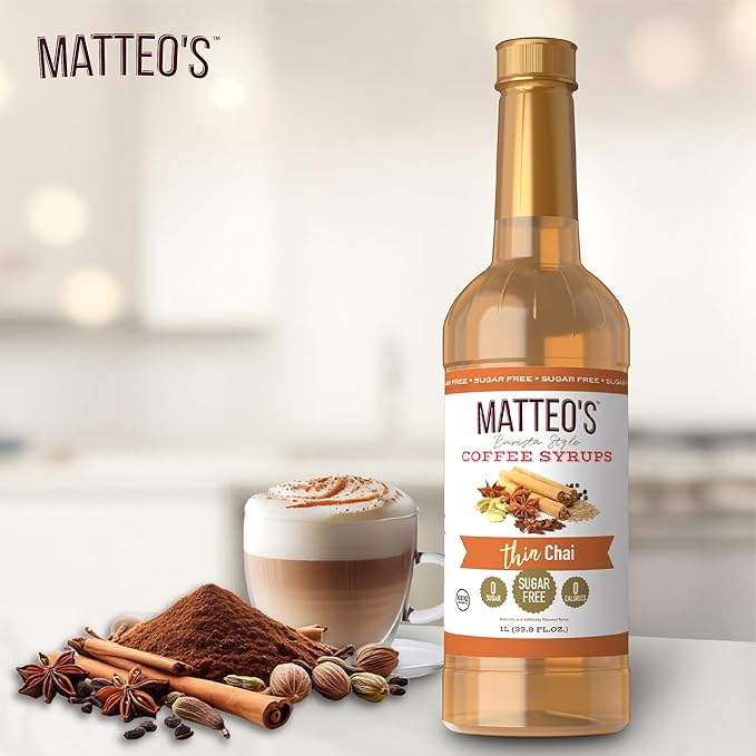 Matteo's Chai Syrup for Coffee, Lattes, Cappuccinos & Desserts – Sugar-Free Sweetener for Beverages, Keto Friendly, Zero Calories, Indulgent Flavor, Non-Alcoholic, Ideal for Hot Drinks 33.8oz (1pk)