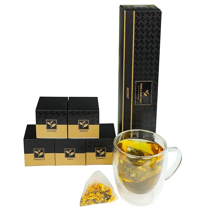 Pure And Easy Tea, Ascent Premium Tea Sampler, 15-Count Variety with 5 Caffeinated Blends, Whole-Leaf Tea in BPA-Free Plant-Based Pyramid Bags, Gift Box (52.5g)