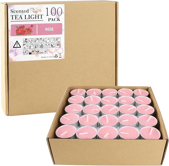 Pink Rose Scented Tealight Candles - 4 Hours - Giant 100 Bulk Packs - Smokeless Tea Lights for Valentine's Day, Weddings, Christmas, Home Decorative