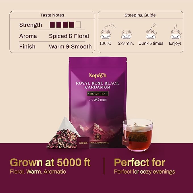 Royal Rose Cardamom Black Tea Bags, Assam Rose tea with Black Cardamom & Rose Petals, Luxury Chai Blend, 50 individually Wrapped Biodegradable Pyramid Bags, Premium Rose Tea