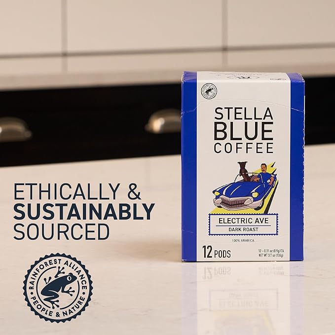 Stella Blue Coffee Pods, Electric Avenue Blend, Dark Roast, Toffee Dark Chocolate, Smoky Notes, 100% Arabica Beans, Ethically Sourced from Central and South America,12 Recyclable K Cup Compatible Pods