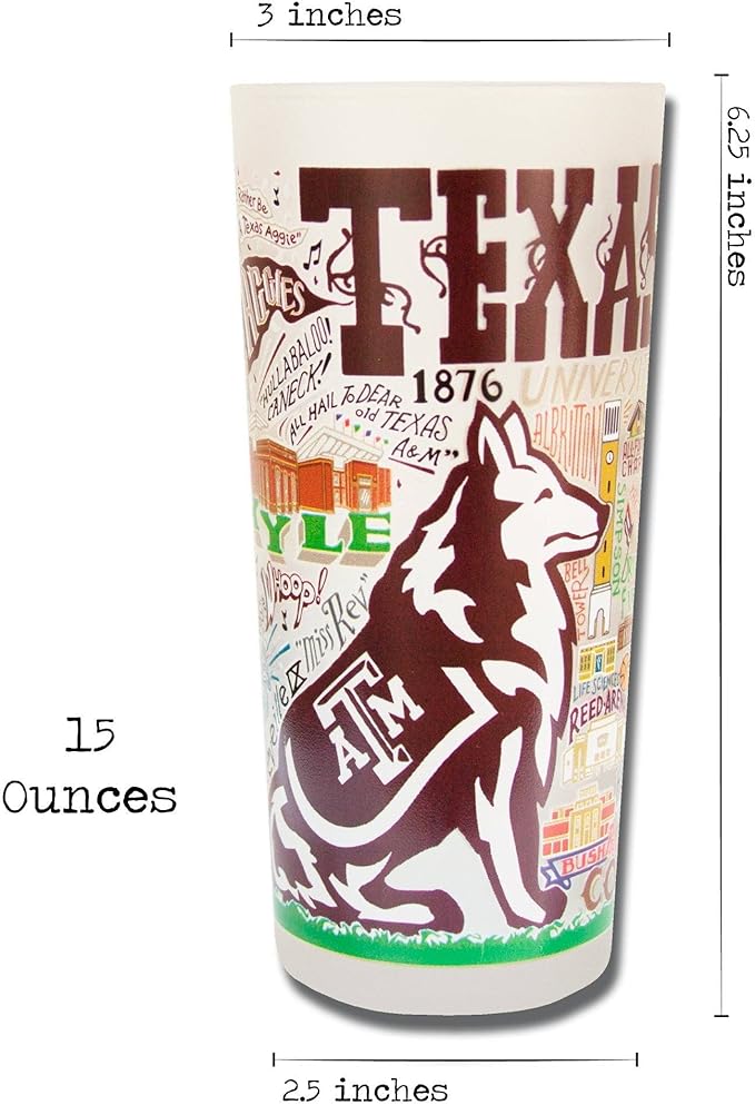 Catstudio Drinking Glass, Texas A&M University Glass Cup for Kitchen, 15oz Dishwasher Safe Tumbler for TAMU Alumni