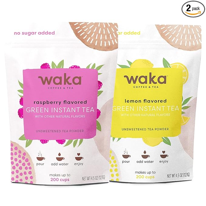 Waka Instant Tea Mix, 2 Bag Bundle - 100% Tea Leaves, No Additives, Unsweetened Tea Powders - Raspberry Flavored & Lemon Flavored Green (4.5oz Each)