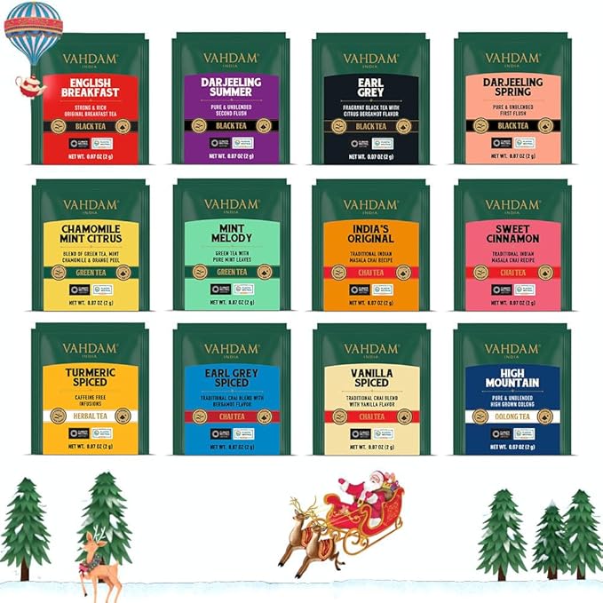 VAHDAM, Limited Edition Christmas Tea Gift Set | 24 Unique Flavor Tea Bags - Folding Holiday Gift Box | Christmas Presents For Women, Men & Adults