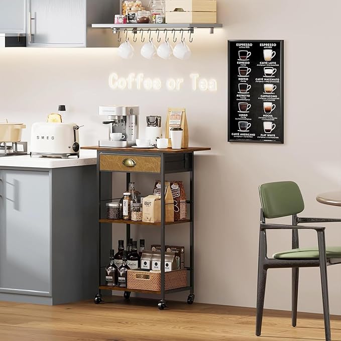 3 Tier-Coffee Bar Stand Station Cart with Storage Drawer, Extended Worktop Coffee Table, Farmhouse Corner Bar Cabinet for Small Spaces, Barkers Rack Home Bar for Entryway, Living Room