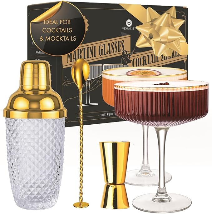 VEMACITY - Luxury Gold Cocktail Shaker Set - 15oz Glass Shaker with Strainer + 2 Gold-Rim Ribbed Martini Glasses (10oz) & Bar Tools | Espresso Martini Glasses | Ideal for Christmas & New Years