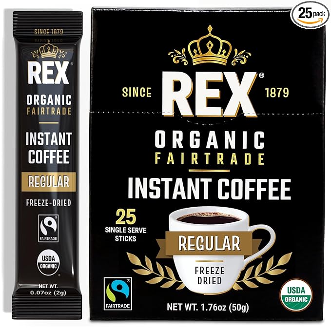 Rex Organic Fairtrade Freeze-Dried Instant Coffee Sticks, Medium Roast Arabica, 25 Single-Serve Packs, USDA Organic & Fairtrade Certified