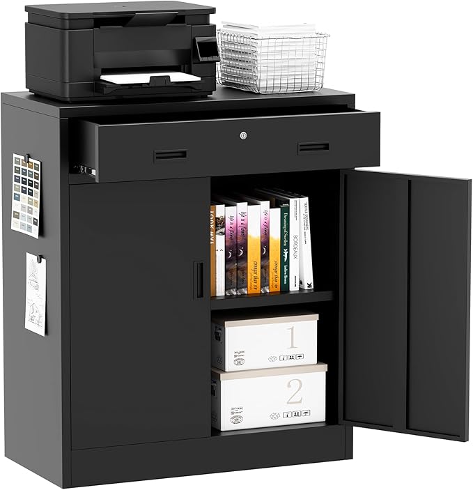 Metal Storage Cabinet 36" H, Garage Storage Cabinet with 2 Lockable Doors and 1 Drawer, Steel File Cabinets with Adjustable Shelves for Home Office, Garage, School, Apartment, Warehouse