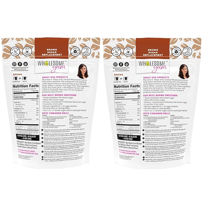 Wholesome Yum Besti Natural Brown Sugar Substitute - Keto Brown Monk Fruit Sweetener Blend With Allulose (No Erythritol) - Non GMO, Zero Carb, Zero Calorie, Sugar Free, No Aftertaste (12 oz, 2 Pack)