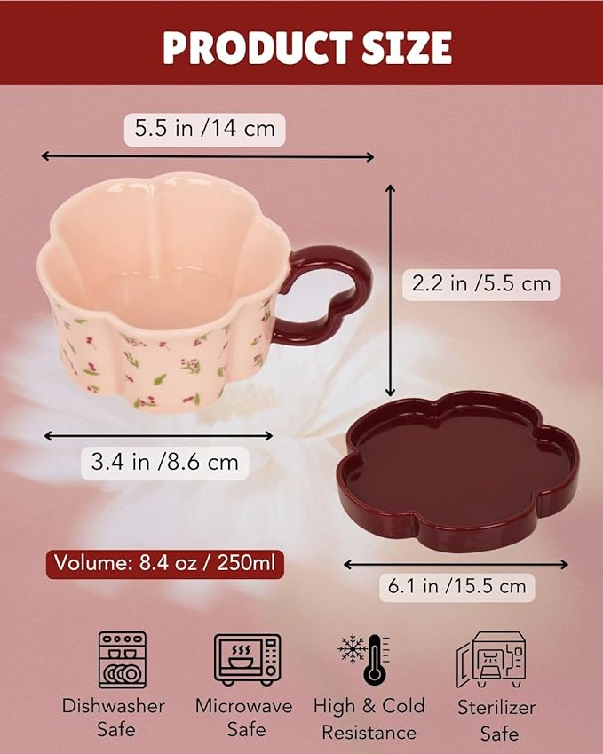 Ceramic Coffee Mug with Saucer Set, Creative Cute Cup with Flower Coaster for Office and Home, 8.4 oz/240 ml for Tea Latte Milk-Pink Cherry (Pink Cherry)