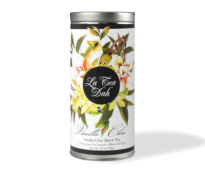 Vanilla Chai Black Tea by La Tea Dah, Premium Spiced Chai Tea Bags made with Organic Black Tea Leaves, Cardamom, & Vanilla, Floral Tea Gift Collection, Contains Caffeine (12 Sachets)