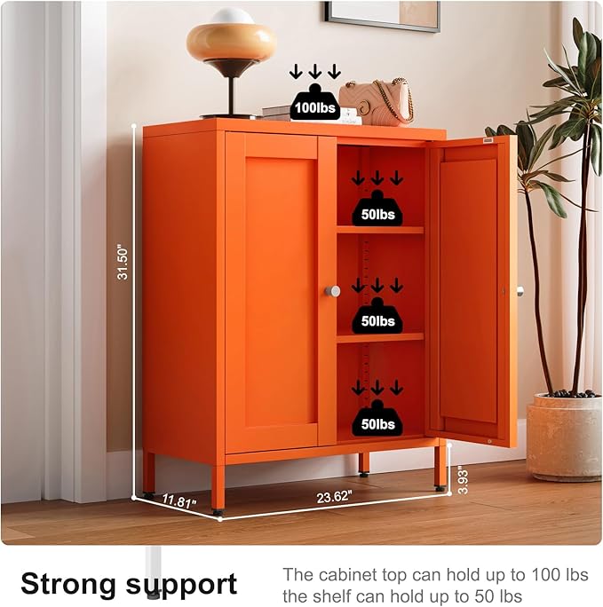 Small Bathroom Storage Cabinet, Orange Metal Locker with 2 Doors and 2 Adjustable Shelves, Small Locker Cabinet Sideboard for Home Office, Living Room, Hallway, Entryway