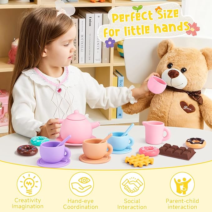 Silicone Tea Set for Toddlers, Tea Party Set for Little Girls, Kids Pretend Role Play Kitchen Toys, Toddler Girl Birthday Gifts Age 2-5 Year Old