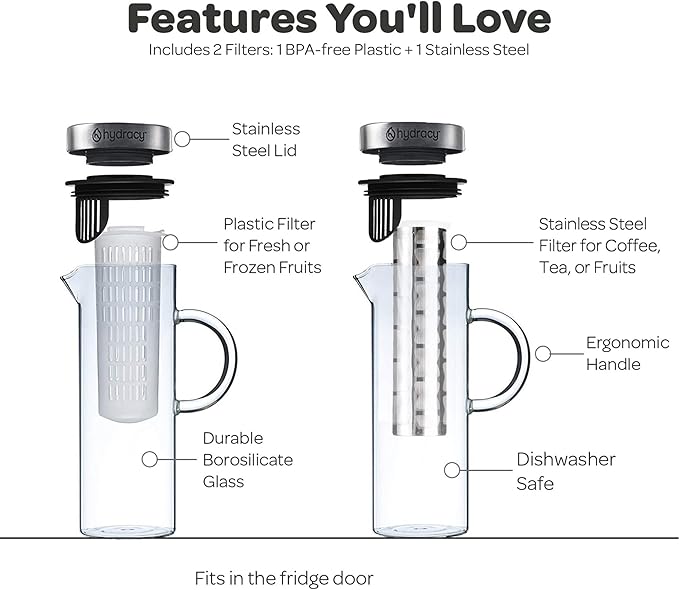 Hydracy Cold Brew Coffee Maker - Large Glass Infusion Pitcher 1.6 Quarts 52oz - Iced Coffee & Iced Tea Pitcher with Stainless Steel Lid & Fruit Infusion Tube - Perfect for Home or Office