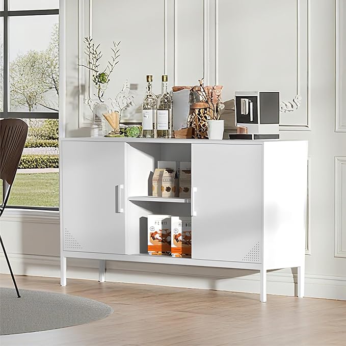 TV Stand with Door and Adjustable Shelves Sideboard Buffet Cabinet Coffee Bar Metal Locker Pantry with 2 Shelves for Office Home Kitchen Living Room (White, 47.24" D x 13.78" W x 29.53" H)
