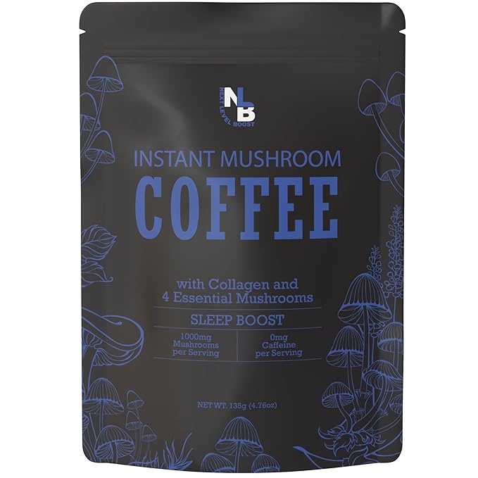 Sleep Boost Organic Mushroom Instant Coffee - 135g, 15 Servings Pouch - Healthy Coffee alternative and Substitute - With Collagen, Lions Mane and Antioxidants