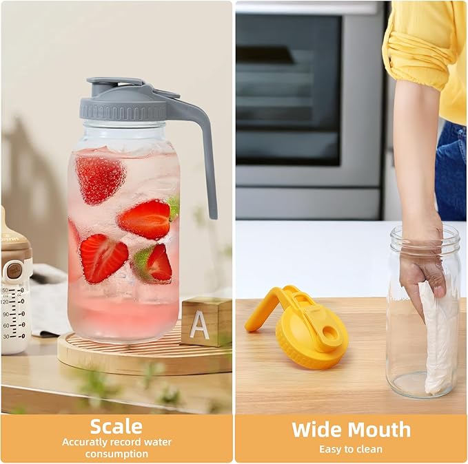 Glass Mason Jar Pitcher - 64 oz/2 Quart Wide Mouth Jug with Lid and Pour Spout, Airtight Seal, Leak Proof Iced Tea Pitcher for Sun Tea, Juice, Breast Milk, Cold Beverages, Coffe