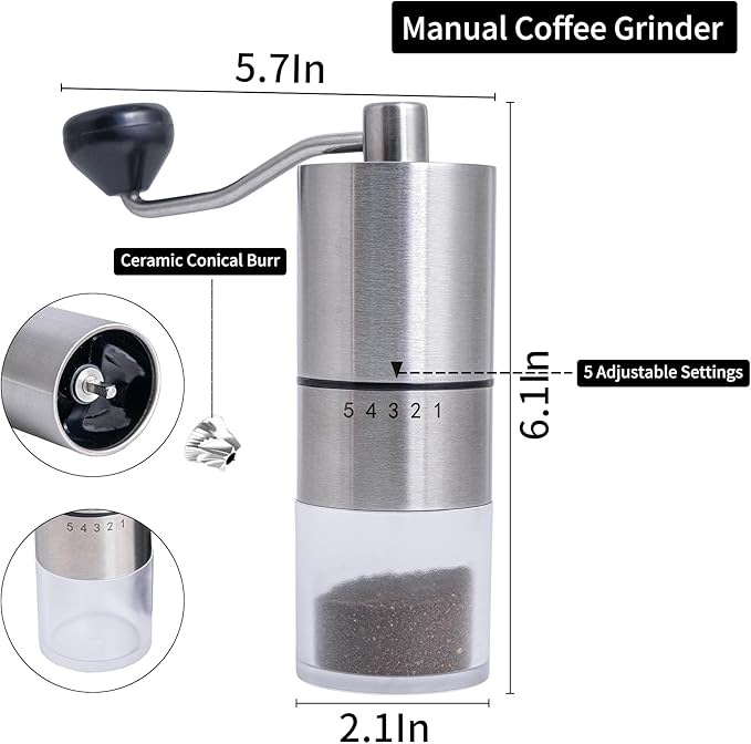 Topadorn Manual Coffee Grinder with Hand Crank Travel Coffee Bean Stainless Steel Grinder Great Gift for Home, Espresso, Office and Camping