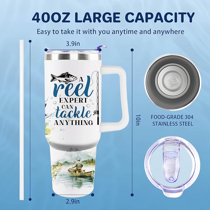 Fishing Gifts For Men 40oz Travel Tumbler for Fishing Lover Fathers Day Fishings Gift For Dad Grandpa Husband as Christmas Birthday Presents Fishings Lover Cup With Handle