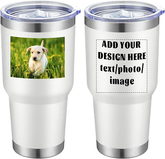 MEWAY Personalized Custom 30oz Stainless Steel Tumbler with Lid, Insulated Double Wall Vacuum Travel Coffee Tumbler Gifts with Text Photo Logo (White, 1pack)