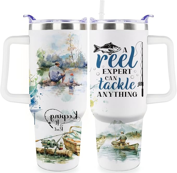 Fishing Gifts For Men 40oz Travel Tumbler for Fishing Lover Fathers Day Fishings Gift For Dad Grandpa Husband as Christmas Birthday Presents Fishings Lover Cup With Handle