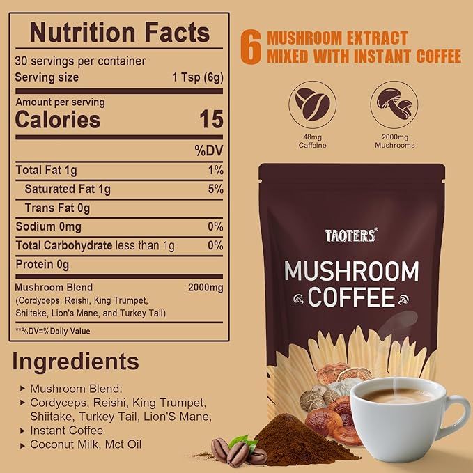 Adaptogenic Mushroom Coffee, 6 Mushrooms Extract Powder (Lion’s Mane, Cordyceps, Turkey Tail & Other) Mixed With Instant Coffee for Focus, Energy and Gut Health Support, 30 Servings