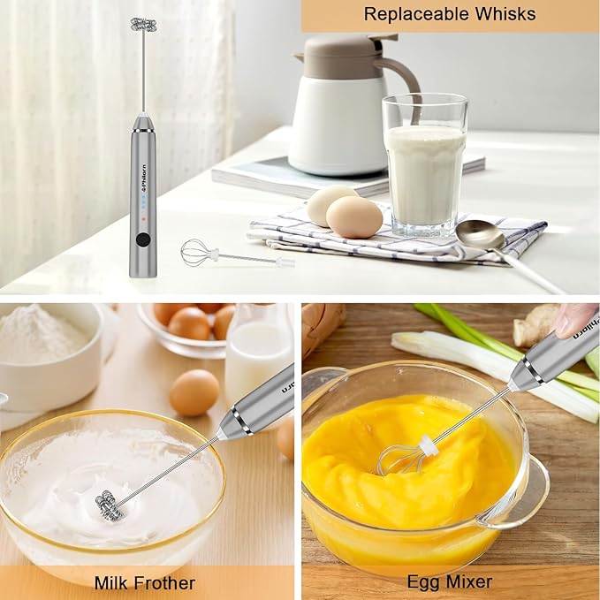 Philorn Milk Frother Wand Handheld Rechargeable Electric Whisk Coffee Drink Mixer, Mini Foamer for Lattes, Cappuccino, Frappe, Matcha, Hot Chocolate, Protein Powder, Keto Diet (Silver 2 Heads)