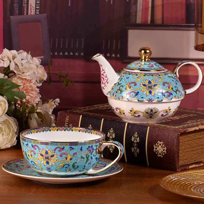 Tea for One, Porcelain Teapot and Cup Set, Vintage Tea Pot and Saucers Set, Ceramic Tea Set for Tea Party, Office and Home, Lake Blue Tea Cups and Saucer Set for Coffee, Cappuccino, Tea