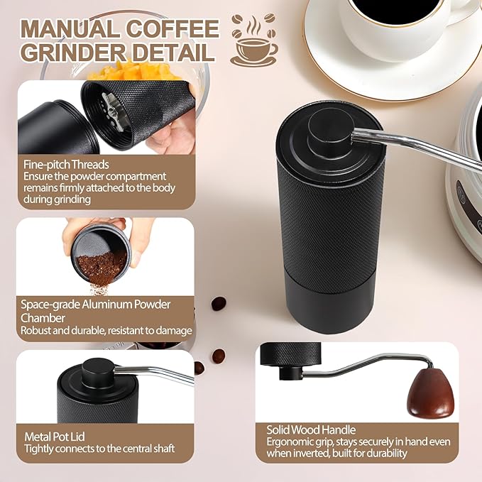 Non-Detachable Manual Coffee Grinder with 25 Level Stainless Steel Conical Burr Portable Aluminum Coffee Bean Grinder Suitable for Moka Pot Espresso French Press Pour Over Easy Cleaning with Brush