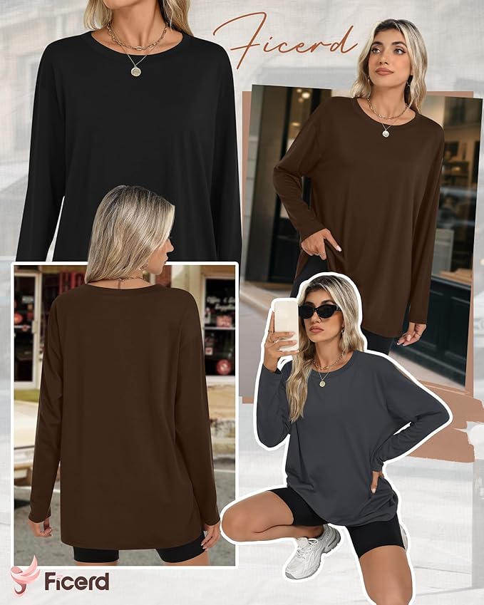 Ficerd 3 Pack Women's Oversized Long Sleeve Shirts Cotton Gym Round Neck Tops Loose Fit Casual Workout Baggy Fall Basic Tee