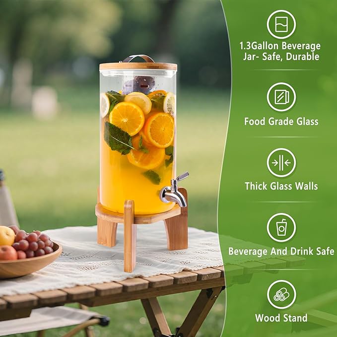 1.3 Gallon Drink Dispenser, Glass Beverage Dispenser with Wood Stand, Lemonade Dispenser with Airtight Valve and Stainless Steel Spigot Fruit Infuser, Thick Drink Dispenser for Parties Restaurants