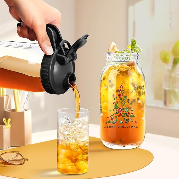Mason Jar Pitcher, 63 OZ Glass Pitcher with Lid Double Leak-proof with Handle Water Jug Wide Mouth Breast Milk Pitcher Fridge Container for Water, Juice, Iced Coffee, Tea, Juice （Christmas tree）
