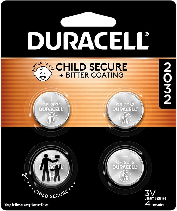 Duracell 2032 Lithium Battery, 4 Count (Pack of 1), Compatible with AirTag, Child Safety Features, Key Fob, CR2032 3V Cell