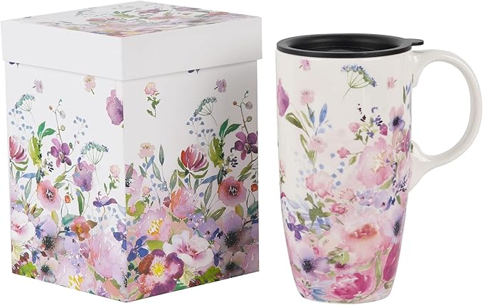 Topadorn Ceramic Coffee Mug for Home & Office, 17oz. Porcelain Latte Travel Cup with Lid and Color Box, Pink Flower Art Tea Mug with Handle, 6.5" H