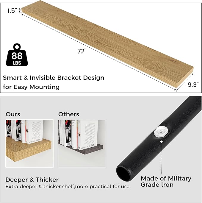 Floating Shelves for Wall, Engineered Wood Wall Shelves with Invisible Brackets for Living Room Bedroom Bathroom Office Kitchen Decor and Storage (Oak, 72" W x 9" D x 1.5" H) Set of 1
