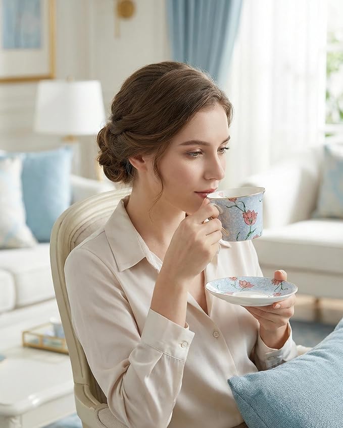 Exquisite Bone China Tea Cups and Saucer Set – Elegant Porcelain Tea Cups, Beautifully Detailed for Tea Lovers, Gift-Ready for Christmas, Hostess, Holiday Gift & Fall Decor