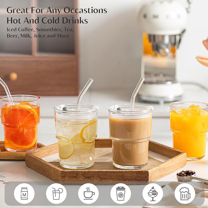 INSETLAN 13oz Portable Glass Tumblers Set of 4, Thick Wall Glass Cups with Lid and Glass Straw, On-the-Go Coffee Cups for Iced Coffee, Tea, Milk, Hot & Cold Drinks, Travel & Daily Use